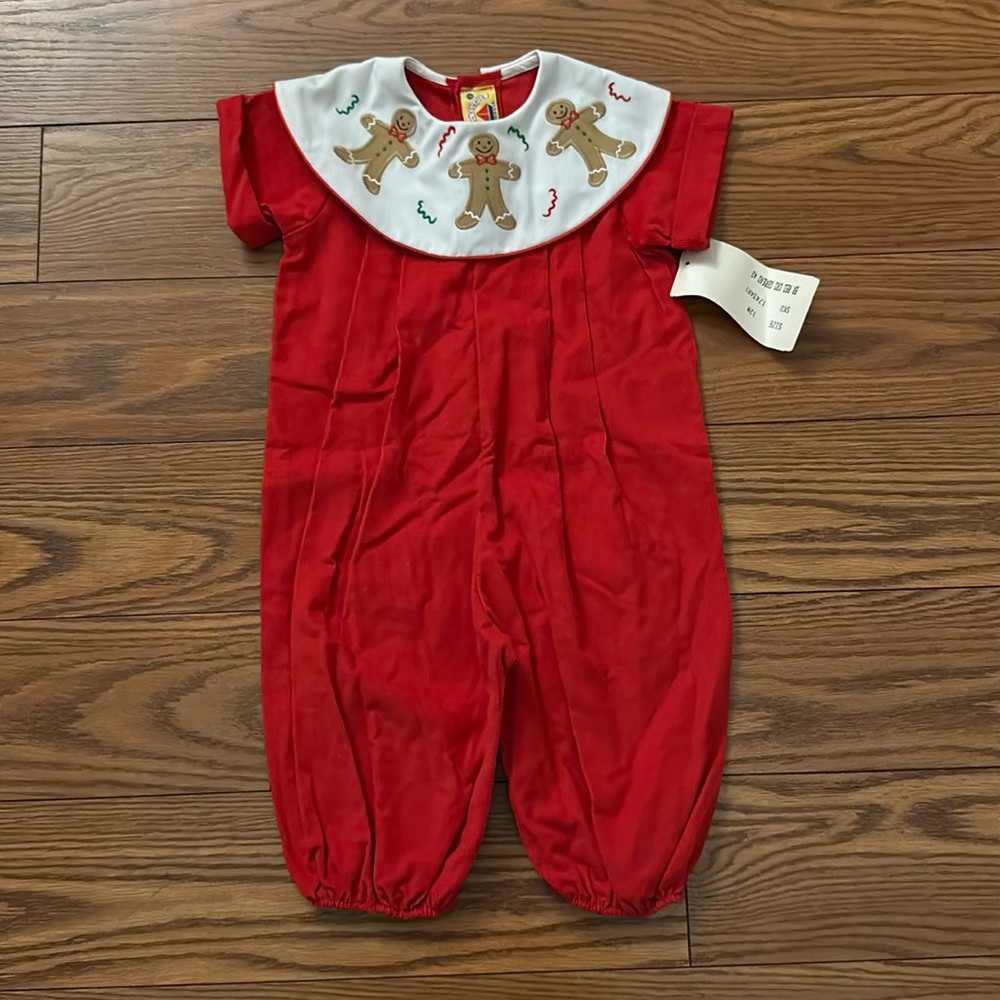 Gingerbread Embroidered Jumpsuit Red Corduroy Christmas Romper Pants Outfit 12m